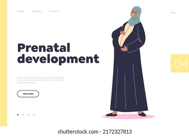 Prenatal Development Concept Of Landing Page With Arab Woman Pregnant. Young Muslim Female In Arabian Hijab Clothes Bearing Child. Pregnancy And Motherhood. Cartoon Flat Vector Illustration