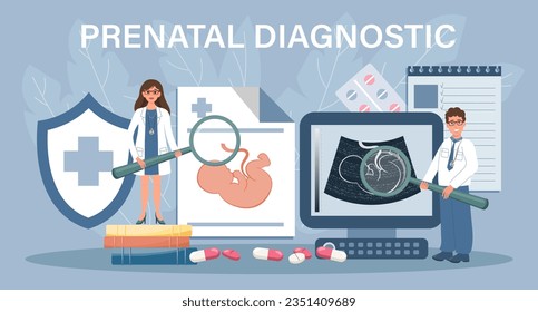 Prenatal diagnosis for landing page. Doctors scan the embryo. Template, banner, vector