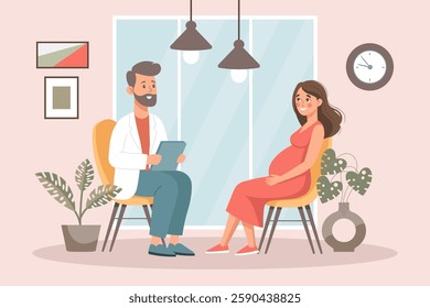 Prenatal doctor consultation. Pregnant woman with doctor. Monitoring pregnancy and healthy. Flat style illustration.