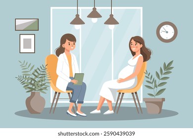 Prenatal doctor consultation. Pregnant woman with doctor. Monitoring pregnancy and healthy. Flat style illustration.