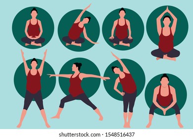 Pre-natal exercise Workout for pregnant set. Yoga training for healthy pregnancy Vector Illustration