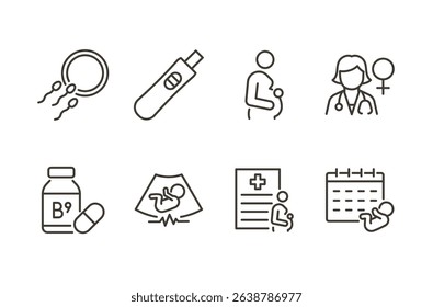 Prenatal fertility icon set. Thin line editable stroke icons for pregnancy care, conception, female health, baby development, vitamins, medical tracking, and ultrasound scans