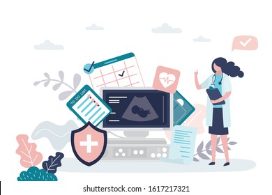 Prenatal health care concept. Female doctor,ultrasound machine and medical signs. Pregnancy Planning and To Do List. Trendy style vector illustration