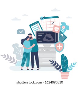 Prenatal health care concept. Love couple,ultrasound machine and medical signs. Pregnancy Planning,calendar and To do list. Happy pregnant woman and husband. Trendy style vector illustration