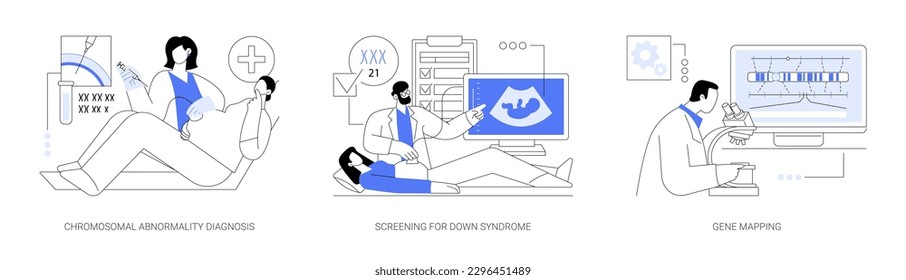 Prenatal healthcare abstract concept vector illustration set. Chromosomal abnormality diagnosis, screening for down syndrome, gene maping, amniocentesis test, ultrasound scan abstract metaphor.