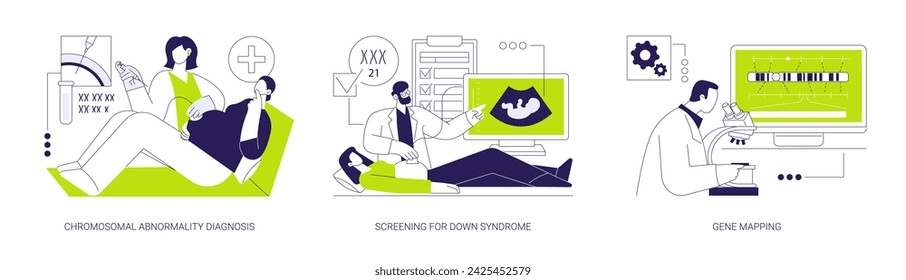 Prenatal healthcare abstract concept vector illustration set. Chromosomal abnormality diagnosis, screening for down syndrome, gene maping, amniocentesis test, ultrasound scan abstract metaphor.