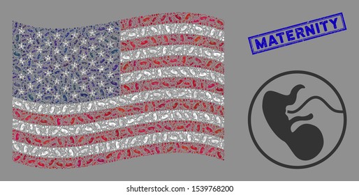 Prenatal items are organized into American flag collage with blue rectangle distressed stamp watermark of Maternity text. Vector collage of America waving state flag is designed of prenatal items.