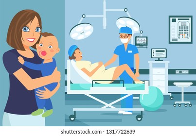 Prenatal Medical Checkup Flat Vector Illustration. Pregnant Woman Gynecological Examination. Medical Equipment. Health Color Cartoon Poster. Maternity Ward. Reception in Doctor Office. Baby Healthcare