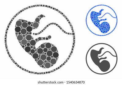 Prenatal mosaic of round dots in various sizes and shades, based on prenatal icon. Vector dots are composed into blue mosaic. Dotted prenatal icon in usual and blue versions.