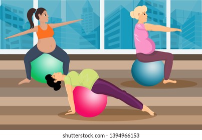 Prenatal Pilates Class Flat Vector Illustration. Pregnant Women Exercising With Fitness Ball. Pregnancy Physical Healthy Activities. Female Cartoon Characters Working Out In City Gym