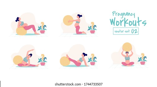 Prenatal + Pregnancy Workouts set. stability ball exercises. Working out and fitness, pregnancy concept. Vector illustration.
