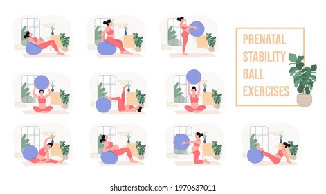 Prenatal + Pregnancy Workouts set. stability ball exercises. Working out and fitness, pregnancy concept. Vector illustration.