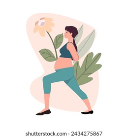 Sesión de estiramiento prenatal. Ilustración vectorial de una mujer embarazada haciendo un ejercicio de estocada con un fondo botánico tranquilo