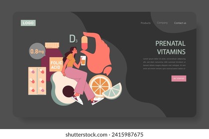 Concepto de vitaminas prenatales. Una madre embarazada toma suplementos esenciales, destacando la importancia del ácido fólico, la vitamina D3 y más para la salud fetal. Nutrición durante el embarazo. Vector plano.