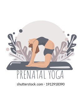 Prenatal Yoga. Cartoon Pregnant Woman Who Practices Yoga. The Vector Poster, Invitation, Flyer, Booklet. Beautiful Girl. Asana, Relaxation, Nirvana, Health