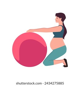 Prenatal yoga. Flat vector illustration: Pregnant woman with fitness ball in kneeling pose doing health exercises. Isolated pregnant character with fit ball, health and beauty.