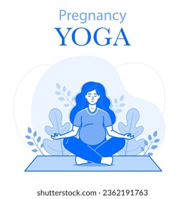 Volante de yoga prenatal o tarjeta con mujer embarazada sentada en loto posando haciendo meditación de yoga. Las mujeres sentadas en loto posan con las manos de su nombre en el diseño del arte de la línea.