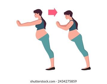 Prenatal yoga practice. Flat isolated illustration of a pregnant woman demonstrating the correct exercise action. Yoga exercise plan concept for pregnant woman.