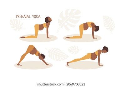 Yoga prenatal. Mujer afroamericana embarazada haciendo yoga. Mujer en ejercicios de ropa deportiva haciendo ejercicios de piso. Concepto de estilo de vida saludable para las mujeres. Estilo de vida activo y cuidado de la salud de los bebés. Diversos asanas de yoga