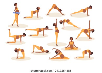 Yoga prenatal. Mujer afroamericana embarazada haciendo yoga. Mujer en ejercicios de ropa deportiva haciendo ejercicios de piso. Las mujeres disfrutan de un estilo de vida saludable. Estilo de vida activo y cuidado de la salud de los bebés. Diversas asanas de yoga.