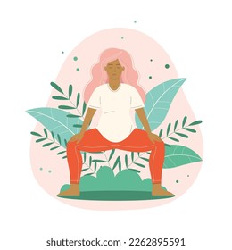 Prenatal yoga scene with pregnant woman standing in yoga meditation pose. Pregnancy meditation and mental health concept.
