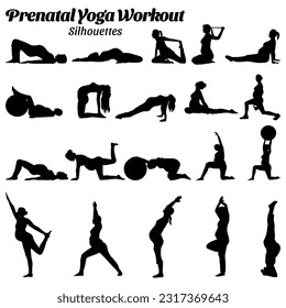 Prenatal yoga silhouettes vector illustration set.