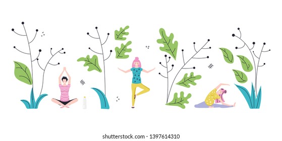 Prenatal yoga training horizontal banner template. Pregnant women in sportive clothing cartoon characters. Flat Art Vector illustration
