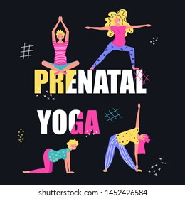 Prenatal yoga training square banner template. Pregnant women in sportive clothing cartoon characters. Flat Art Vector illustration