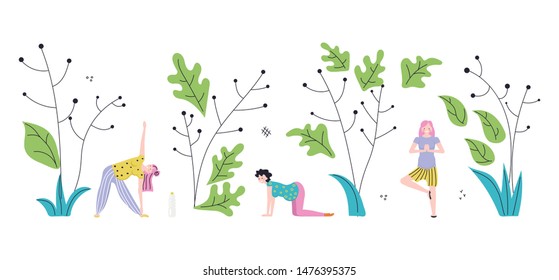 Prenatal yoga training square banner template. Pregnant women in sportive clothing cartoon characters. Flat Art Vector illustration