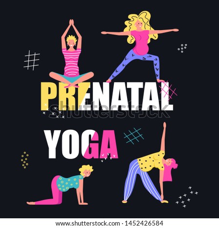 Prenatal yoga training square banner template. Pregnant women in sportive clothing cartoon characters. Flat Art Vector illustration