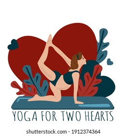 Prenatal Yoga For Two Hearts. Cartoon Pregnant Woman Who Practices Yoga. The Vector Poster, Invitation, Flyer, Booklet. Beautiful Girl. Asana, Relaxation, Nirvana, Health