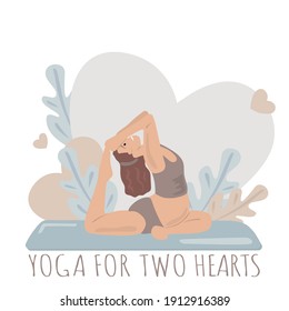 Prenatal Yoga For Two Hearts. Cartoon Pregnant Woman Who Practices Yoga. The Vector Poster, Invitation, Flyer, Booklet. Beautiful Girl. Asana, Relaxation, Nirvana, Health