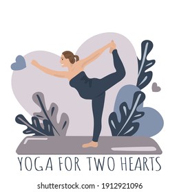 Prenatal Yoga For Two Hearts. Cartoon Pregnant Woman Who Practices Yoga. The Vector Poster, Invitation, Flyer, Booklet. Beautiful Girl. Asana, Relaxation, Nirvana, Health