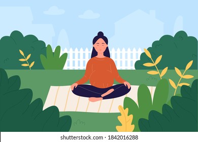 Prenatal yoga vector illustration. Cartoon pregnant woman character taking care of mental and physical health, doing lotus yoga asana pose in garden, pregnancy healthy lifestyle workout background