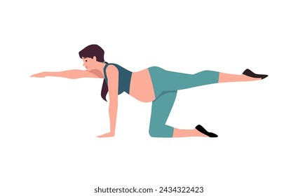 Prenatal yoga. Vector illustration of a pregnant woman practicing a balancing yoga pose to enhance stability and core strength during pregnancy.