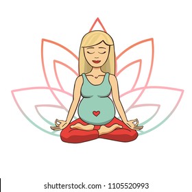 Prenatal yoga. Vector illustration of young cute blonde girl meditating in lotus position with flower petals in pink and blue gradient colors behind. Pregnant woman doing meditation practice.