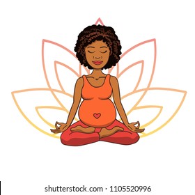 Prenatal yoga. Vector illustration of young cute african girl meditating in lotus position with flower petals in pink and orange gradient colors behind. Pregnant woman doing meditation practice.