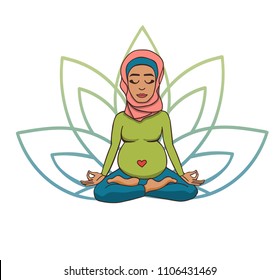 Prenatal yoga. Vector illustration of young cute muslim girl meditating in lotus position with flower petals in green and blue gradient colors behind. Pregnant woman doing meditation practice.
