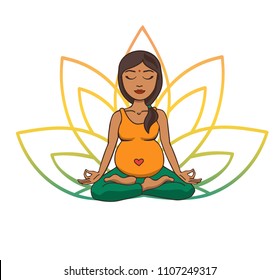 Prenatal yoga. Vector illustration of young cute Indian girl meditating in lotus position with flower petals in green and yellow gradient colors behind. Pregnant woman doing meditation practice.