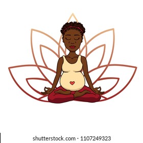 Prenatal yoga. Vector illustration of young cute African girl meditating in lotus position with flower petals in red and orange gradient colors behind. Pregnant woman doing meditation practice.