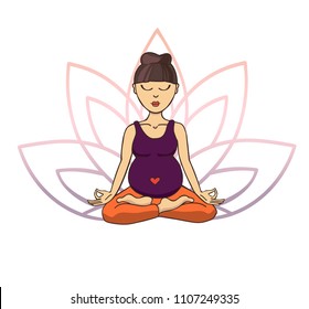 Prenatal yoga. Vector illustration of young cute asian girl meditating in lotus position with flower petals in violet and pink gradient colors behind. Pregnant woman doing meditation practice.