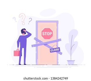 Preoccupied business man is standing near the closed door and scratching his head. Metaphor of issues and questions. Modern vector illustration.