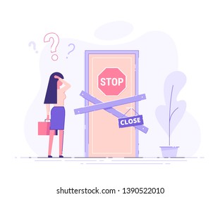 Preoccupied business woman is standing near the closed door and scratching his head. Metaphor of issues and questions. Modern vector illustration.