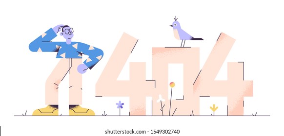 Preoccupied young adult man is standing near huge numbers 404 and scratching his head. 404 error page not found. Modern vector illustration for web banner.