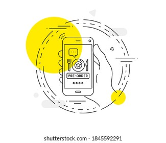 Vorbestellen der Lebensmittelzeile Symbol. Vektor-Taste für Mobiltelefone. Bestellen Sie das Essensschild. Speiseplatte, Gabel und Messersymbol. Vorbestellen der Lebensmittelzeile Symbol. Abstrakter Concept-Button. Vektorgrafik