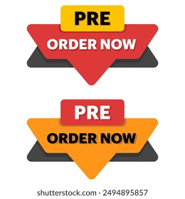 Preorder now concept, yellow red preorder now label clipart, Stock promotion ready for pre-order now. New product items available with best price and discount vector illustration.