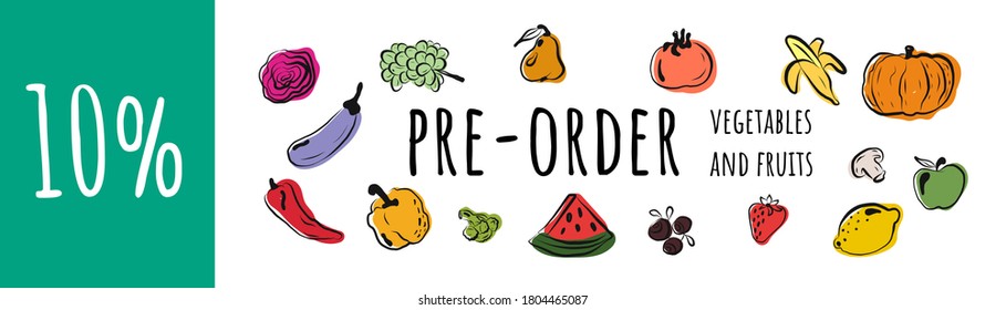 pre-order vegetables and fruits horizontal banner with colorful compositions of whole and sliced fresh vegetables and fruits in a realistic vector illustration style. banner with the discount space