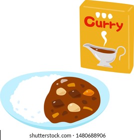 Pre-packaged curry source and curry rice on a plate