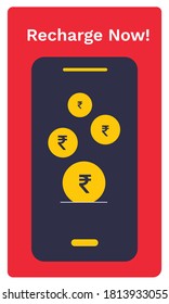 Prepaid, Postpaid Phone And Data Recharge. Mobile Phone With Rupee Coin. Vector Illustration. Online Recharge Payment, Rewards, Investment, Cashless Payment.