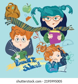 Vorbereitung für Schulkinder Vektorset mit Jungen und Mädchen, Bücher, Apfel und Tasche.